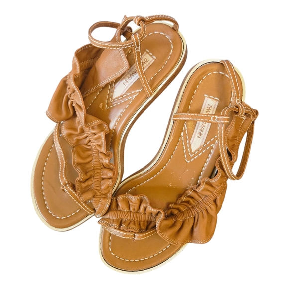 Zimmermann Skinny Strap Ruffle Kitten Heel Sandals Size 37 EU Leather Camel - Picture 11 of 11
